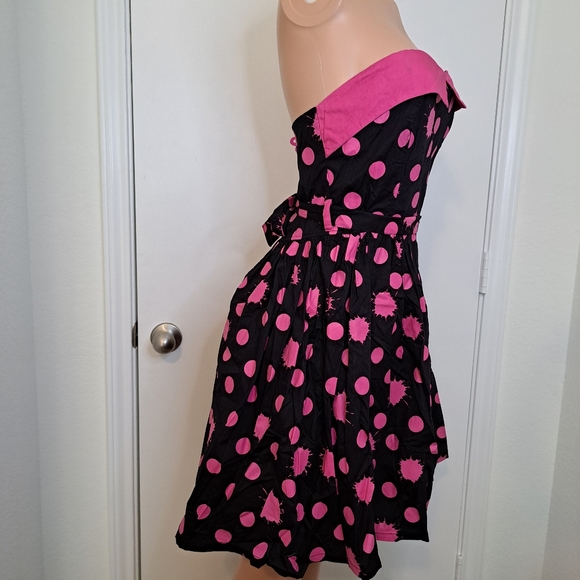 Dead Threads Goth Dress 1950s Retro Style Pink Black Paint Splatter Polka Dots M - Picture 6 of 12